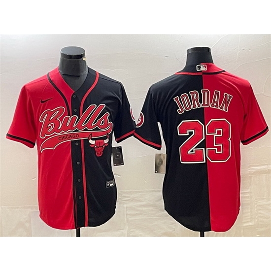 Men Chicago Bulls 23 Michael Jordan Red Black Split Cool Base Stitched Baseball Jersey Men Chicago Bulls 23 Michael Jordan Red Black Split Cool Base Stitched Baseball Jersey