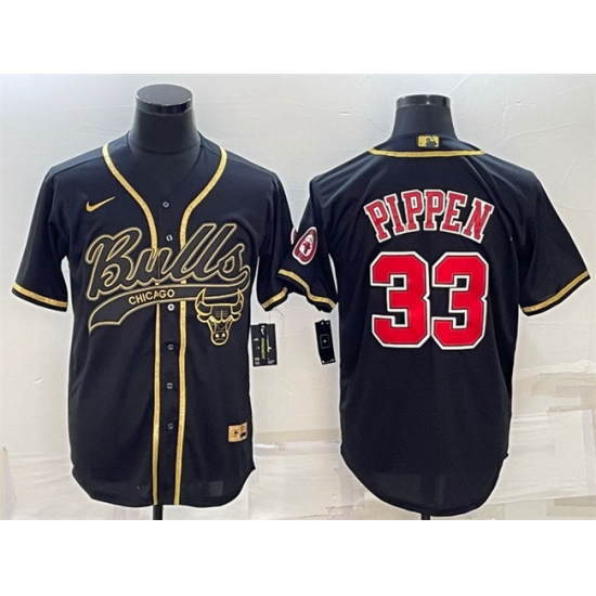 Men Chicago Bulls 33 Scottie Pippen Black Gold With Patch Cool Base Stitched Baseball Jersey Men Chicago Bulls 33 Scottie Pippen Black Gold With Patch Cool Base Stitched Baseball Jersey