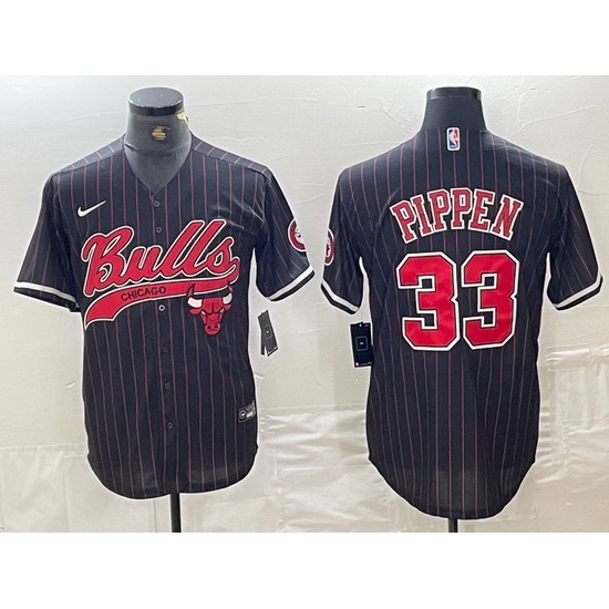 Men Chicago Bulls 33 Scottie Pippen Black Pinstripe Cool Base Stitched Baseball Jersey 4 Men Chicago Bulls 33 Scottie Pippen Black Pinstripe Cool Base Stitched Baseball Jersey 4