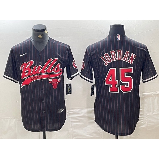 Men Chicago Bulls 45 Michael Jordan Black Pinstripe Cool Base Stitched Baseball Jersey 3 Men Chicago Bulls 45 Michael Jordan Black Pinstripe Cool Base Stitched Baseball Jersey 3