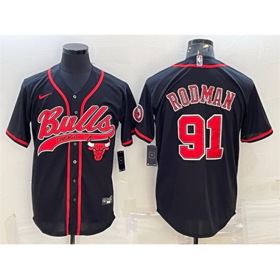 Men Chicago Bulls 91 Dennis Rodman Black Cool Base Stitched Baseball JerseyS Men Chicago Bulls 91 Dennis Rodman Black Cool Base Stitched Baseball JerseyS