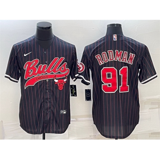Men Chicago Bulls 91 Dennis Rodman Black Cool Base Stitched Baseball Jersey Men Chicago Bulls 91 Dennis Rodman Black Cool Base Stitched Baseball Jersey