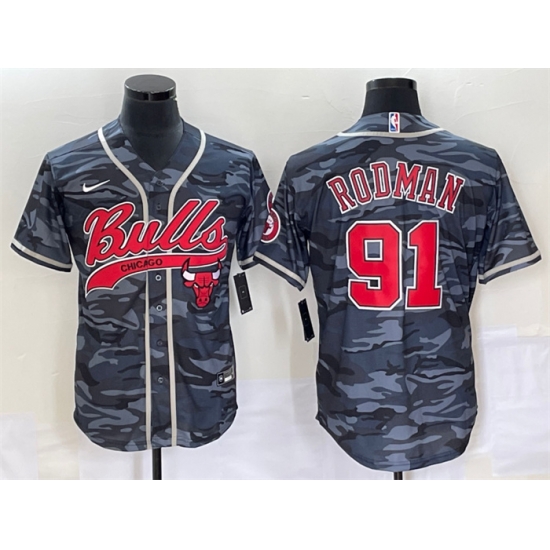 Men Chicago Bulls 91 Dennis Rodman Gray Camo Cool Base Stitched Baseball Jersey Men Chicago Bulls 91 Dennis Rodman Gray Camo Cool Base Stitched Baseball Jersey