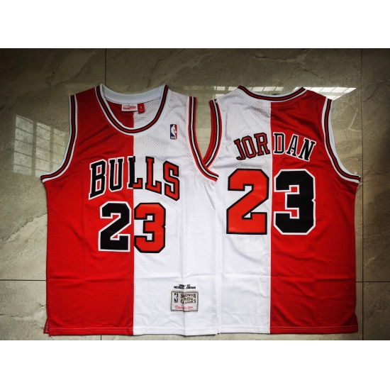 Men Chicago Bulls Michael Jordan 23 Red White Split Mitchells Ness Hardwood Classics NBA Jersey Men Chicago Bulls Michael Jordan 23 Red White Split Mitchells Ness Hardwood Classics NBA Jersey