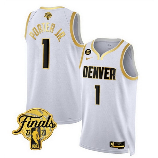 Men Denver Nuggets 1 Michael Porter Jr White Gold Edition 2023 Finals Collection With NO 6 Patch Stitched Basketball Jersey Men Denver Nuggets 1 Michael Porter Jr White Gold Edition 2023 Finals Collection With NO 6 Patch Stitched Basketball Jersey