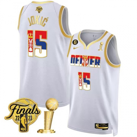 Men Denver Nuggets 15 Nikola Jokic 2023 White Gold Serbia Flag Finals Champions With NO 6 Patch Stitched Basketball Jersey Men Denver Nuggets 15 Nikola Jokic 2023 White Gold Serbia Flag Finals Champions With NO 6 Patch Stitched Basketball Jersey