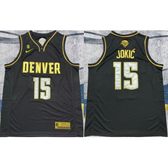 Men Denver Nuggets 15 Nikola Jokic Black Gold 2023 Finals With NO 6 Patch Stitched Basketball Jersey Men Denver Nuggets 15 Nikola Jokic Black Gold 2023 Finals With NO 6 Patch Stitched Basketball Jersey