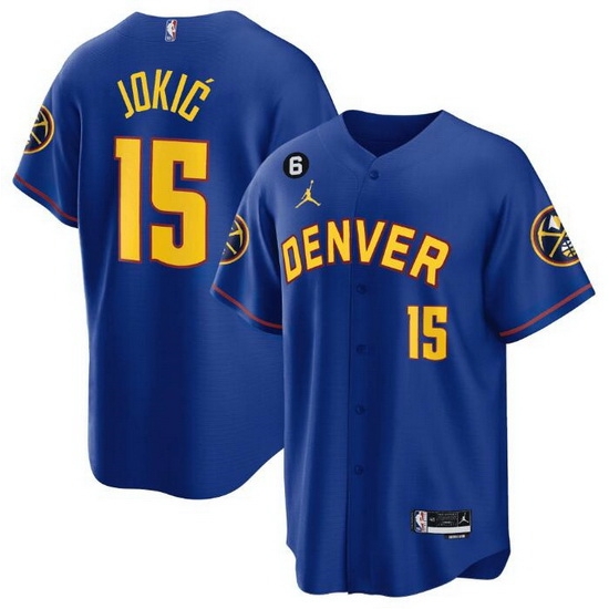 Men Denver Nuggets 15 Nikola Jokic Blue With No 6 Patch Stitched Baseball Jersey Men Denver Nuggets 15 Nikola Jokic Blue With No 6 Patch Stitched Baseball Jersey