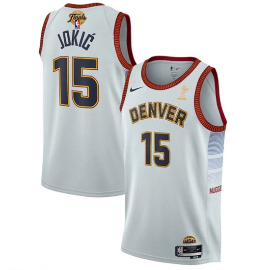 Men Denver Nuggets 15 Nikola Jokic White 2023 Finals Champions Icon Edition Stitched Basketball Jersey Men Denver Nuggets 15 Nikola Jokic White 2023 Finals Champions Icon Edition Stitched Basketball Jersey