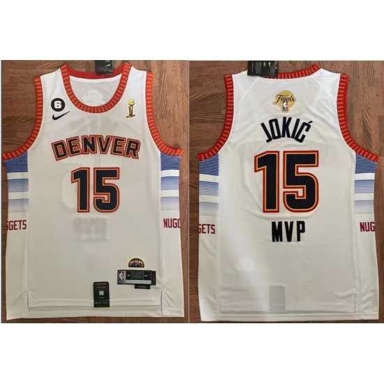 Men Denver Nuggets 15 Nikola Jokic White 2023 Finals Champions MVP Icon Edition Stitched Basketball Jersey Men Denver Nuggets 15 Nikola Jokic White 2023 Finals Champions MVP Icon Edition Stitched Basketball Jersey