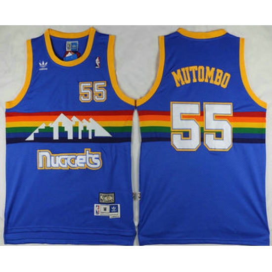 Men Denver Nuggets 55 Dikembe Mutombo Blue Rainbow Hardwood Classics Soul Swingman Throwback Jersey Men Denver Nuggets 55 Dikembe Mutombo Blue Rainbow Hardwood Classics Soul Swingman Throwback Jersey