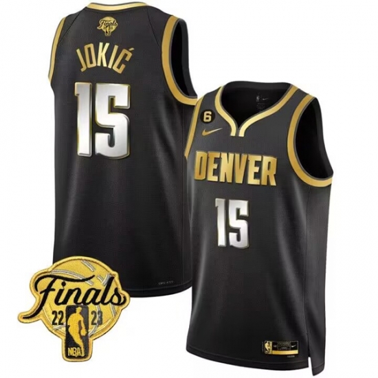 Men's Denver Nuggets #15 Nikola Jokic Black 2023 Finals Collection With NO.6 Patch Stitched Basketball Jersey Men's Denver Nuggets #15 Nikola Jokic Black 2023 Finals Collection With NO.6 Patch Stitched Basketball Jersey
