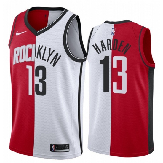 Men Brooklyn Nets Houston Rockets 13 James Harden Jersey Past and Present MVP Red White Split Edition Men Brooklyn Nets Houston Rockets 13 James Harden Jersey Past and Present MVP Red White Split Edition