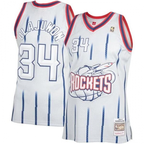 Men Houston Rockets 34 Hakeem Olajuwon Mitchell 26 Ness White Classic Stitched Basketball Jersey Men Houston Rockets 34 Hakeem Olajuwon Mitchell 26 Ness White Classic Stitched Basketball Jersey