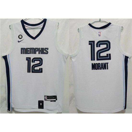 Men Memphis Grizzlies 12 Ja Morant White With NO 6 Patch Stitched Jersey Men Memphis Grizzlies 12 Ja Morant White With NO 6 Patch Stitched Jersey