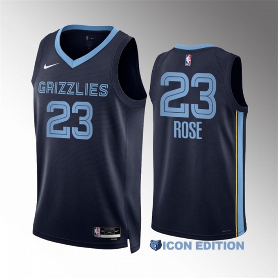 Men Memphis Grizzlies 23 Derrick Rose Navy Icon Edition With NO 6 Patch Stitched Basketball Jersey Men Memphis Grizzlies 23 Derrick Rose Navy Icon Edition With NO 6 Patch Stitched Basketball Jersey
