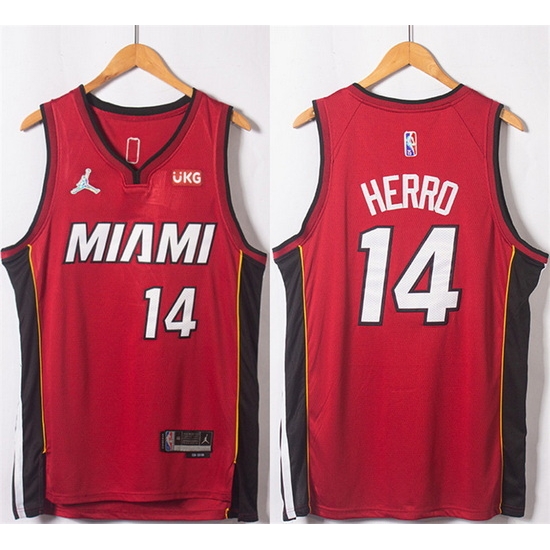 Men Miami Heat 14 Tyler Herro Red Statement Edition 75th Anniversary Stitched Jersey Men Miami Heat 14 Tyler Herro Red Statement Edition 75th Anniversary Stitched Jersey