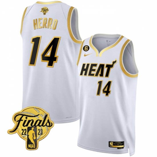 Men Miami Heat 14 Tyler Herro White Gold Edition 2023 Finals Collection With NO 6 Patch Stitched Basketball Jersey Men Miami Heat 14 Tyler Herro White Gold Edition 2023 Finals Collection With NO 6 Patch Stitched Basketball Jersey