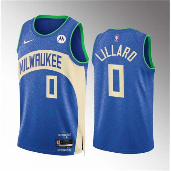 Men Milwaukee Bucks 0 Damian Lillard 2023 24 Blue City Edition Stitched Basketball Jersey Men Milwaukee Bucks 0 Damian Lillard 2023 24 Blue City Edition Stitched Basketball Jersey