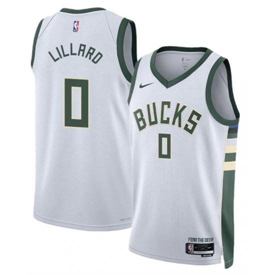 Men Milwaukee Bucks 0 Damian Lillard White Association Edition Stitched Basketball Jersey Men Milwaukee Bucks 0 Damian Lillard White Association Edition Stitched Basketball Jersey