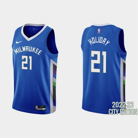 Men Milwaukee Bucks 21 Jrue Holiday 2022 23 Blue City Edition Stitched Basketball Jersey Men Milwaukee Bucks 21 Jrue Holiday 2022 23 Blue City Edition Stitched Basketball Jersey