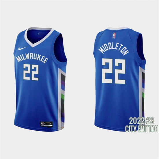 Men Milwaukee Bucks 22 Khris Middleton 2022 23 Blue City Edition Stitched Basketball Jersey Men Milwaukee Bucks 22 Khris Middleton 2022 23 Blue City Edition Stitched Basketball Jersey