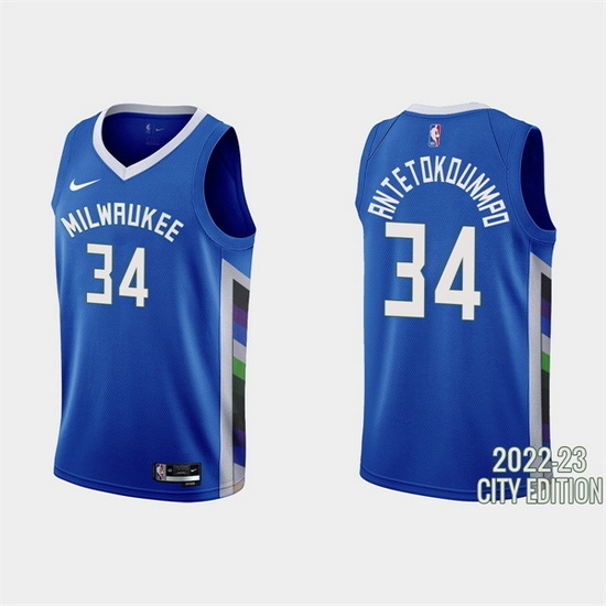 Men Milwaukee Bucks 34 Giannis Antetokounmpo 2022 23 Blue City Edition Stitched Basketball Jersey Men Milwaukee Bucks 34 Giannis Antetokounmpo 2022 23 Blue City Edition Stitched Basketball Jersey