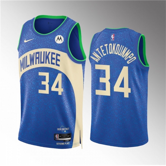 Men Milwaukee Bucks 34 Giannis Antetokounmpo 2023 24 Blue City Edition Stitched Basketball Jersey Men Milwaukee Bucks 34 Giannis Antetokounmpo 2023 24 Blue City Edition Stitched Basketball Jersey