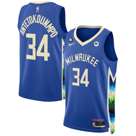 Men Milwaukee Bucks 34 Giannis Antetokounmpo Blue 2022 23 City Edition With NO 6 Patch Stitched Basketball Jersey Men Milwaukee Bucks 34 Giannis Antetokounmpo Blue 2022 23 City Edition With NO 6 Patch Stitched Basketball Jersey