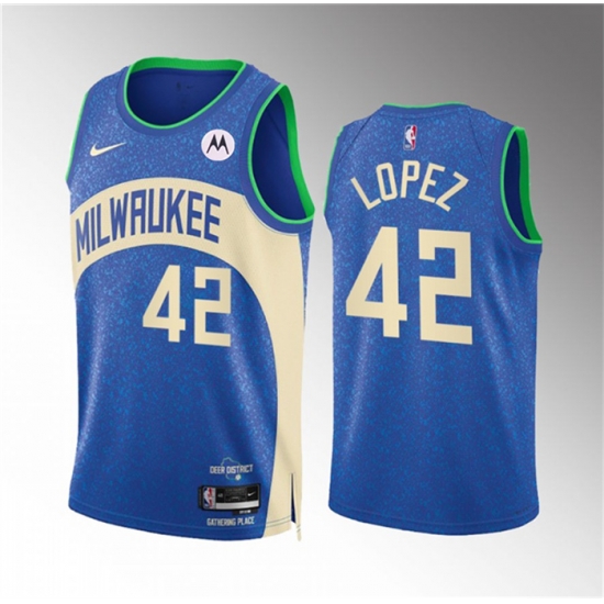 Men Milwaukee Bucks 42 Robin Lopez 2023 24 Blue City Edition Stitched Basketball Jersey Men Milwaukee Bucks 42 Robin Lopez 2023 24 Blue City Edition Stitched Basketball Jersey