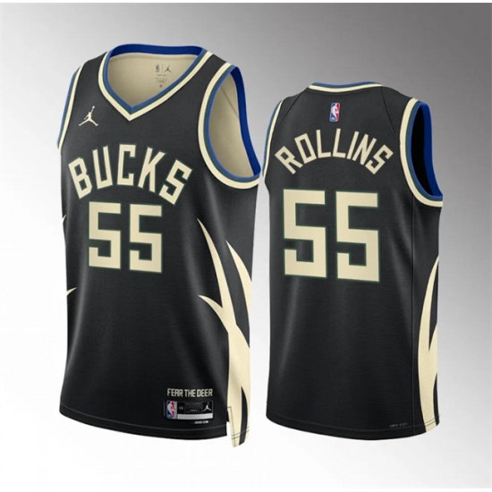 Men Milwaukee Bucks 55 Ryan Rollins Black Statement Edition Stitched Basketball Jersey Men Milwaukee Bucks 55 Ryan Rollins Black Statement Edition Stitched Basketball Jersey