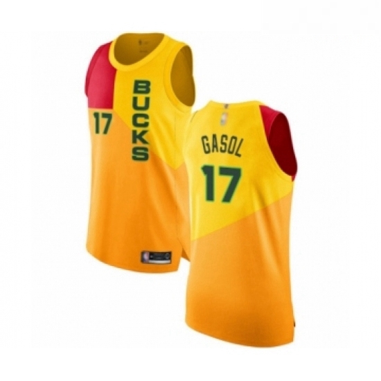 Mens Milwaukee Bucks 17 Pau Gasol Authentic Yellow Basketball Jersey City Edition Mens Milwaukee Bucks 17 Pau Gasol Authentic Yellow Basketball Jersey City Edition