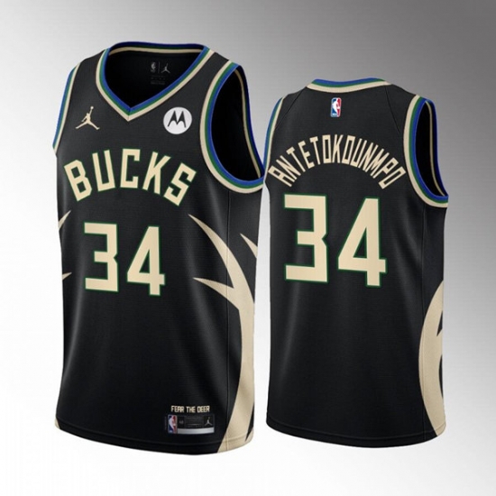 Men's Milwaukee Bucks #34 Giannis Antetokounmpo 2022 23 Black Statement Edition Stitched Basketball Jersey Men's Milwaukee Bucks #34 Giannis Antetokounmpo 2022 23 Black Statement Edition Stitched Basketball Jersey