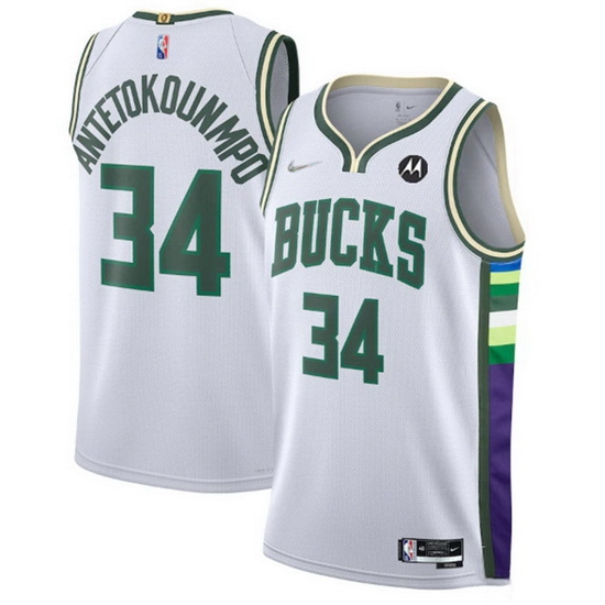 Men's Milwaukee Bucks #34 Giannis Antetokounmpo White 2021 22 75th Anniversary Swingman City Edition Stitched Jersey Men's Milwaukee Bucks #34 Giannis Antetokounmpo White 2021 22 75th Anniversary Swingman City Edition Stitched Jersey