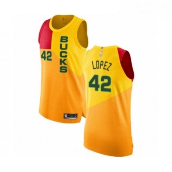 Mens Milwaukee Bucks 42 Robin Lopez Authentic Yellow Basketball Jersey City Edition Mens Milwaukee Bucks 42 Robin Lopez Authentic Yellow Basketball Jersey City Edition