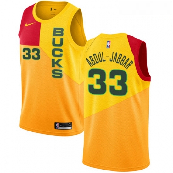 Mens Nike Milwaukee Bucks 33 Kareem Abdul Jabbar Swingman Yellow NBA Jersey City Edition Mens Nike Milwaukee Bucks 33 Kareem Abdul Jabbar Swingman Yellow NBA Jersey City Edition