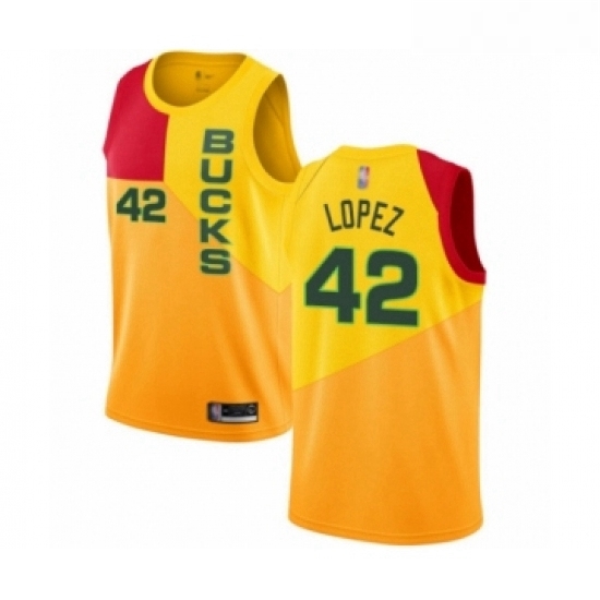 Womens Milwaukee Bucks 42 Robin Lopez Swingman Yellow Basketball Jersey City Edition Womens Milwaukee Bucks 42 Robin Lopez Swingman Yellow Basketball Jersey City Edition
