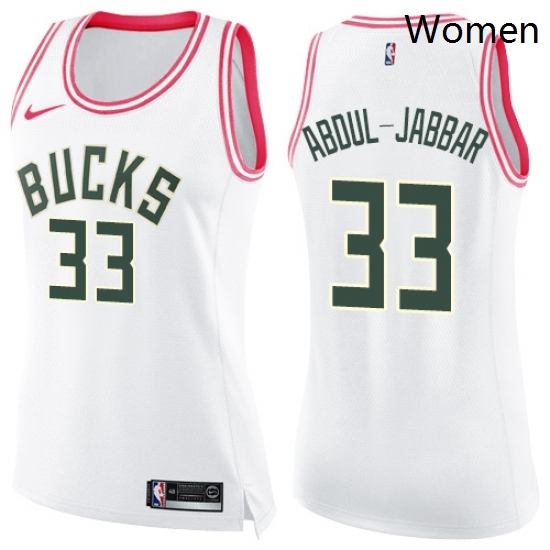 Womens Nike Milwaukee Bucks 33 Kareem Abdul Jabbar Swingman WhitePink Fashion NBA Jersey Womens Nike Milwaukee Bucks 33 Kareem Abdul Jabbar Swingman WhitePink Fashion NBA Jersey