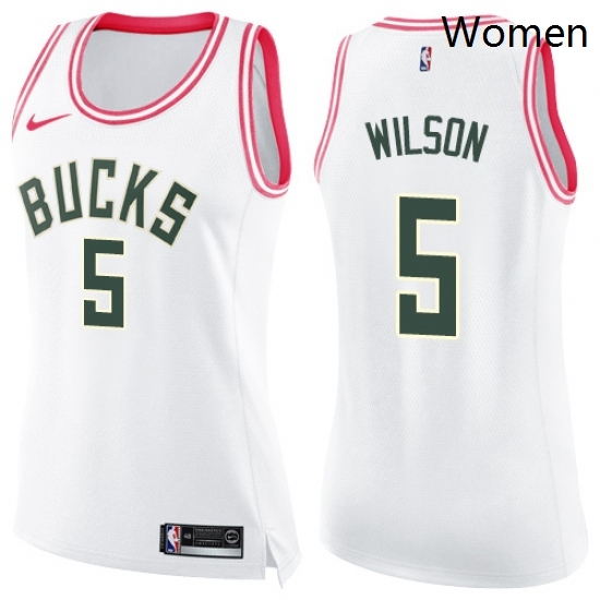Womens Nike Milwaukee Bucks 5 D J Wilson Swingman WhitePink Fashion NBA Jersey Womens Nike Milwaukee Bucks 5 D J Wilson Swingman WhitePink Fashion NBA Jersey