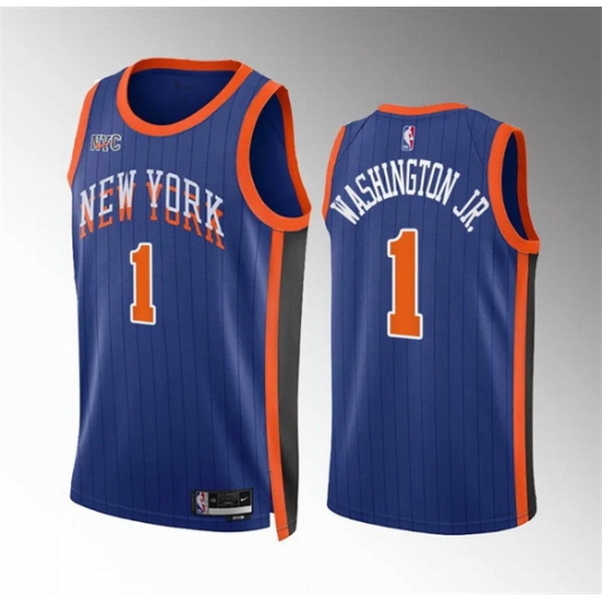 Men New Yok Knicks 1 Duane Washington Jr Blue 2023 24 City Edition Stitched Basketball Jersey Men New Yok Knicks 1 Duane Washington Jr Blue 2023 24 City Edition Stitched Basketball Jersey