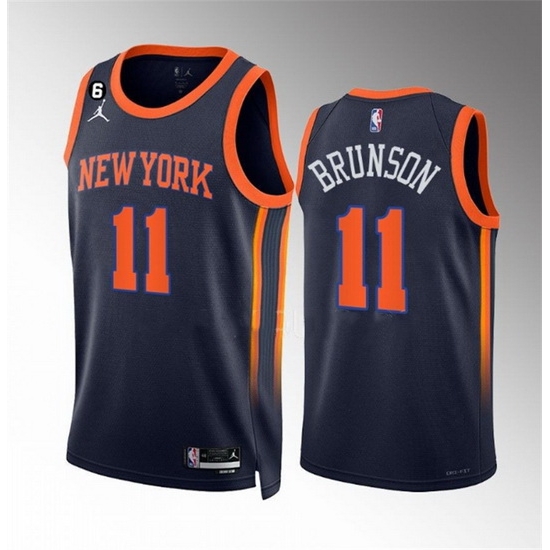Men New Yok Knicks 11 Jalen Brunson Navy Statement Edition With NO 6 Patch Stitched Basketball Jersey Men New Yok Knicks 11 Jalen Brunson Navy Statement Edition With NO 6 Patch Stitched Basketball Jersey