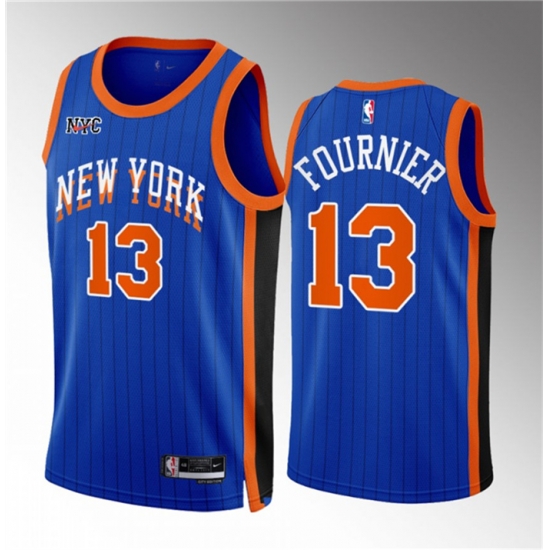 Men New Yok Knicks 13 Evan Fournier Blue 2023 24 City Edition Stitched Basketball Jersey Men New Yok Knicks 13 Evan Fournier Blue 2023 24 City Edition Stitched Basketball Jersey