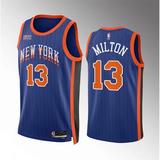 Men New Yok Knicks 13 Shake Milton Blue 2023 24 City Edition Stitched Basketball Jersey Men New Yok Knicks 13 Shake Milton Blue 2023 24 City Edition Stitched Basketball Jersey