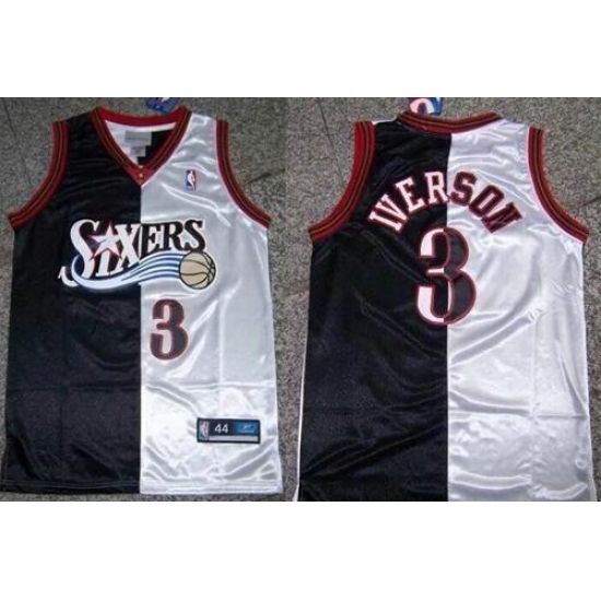 Men 76ers #3 Allen Iverson Black White Split Fashion Stitched NBA Jersey Men 76ers #3 Allen Iverson Black White Split Fashion Stitched NBA Jersey