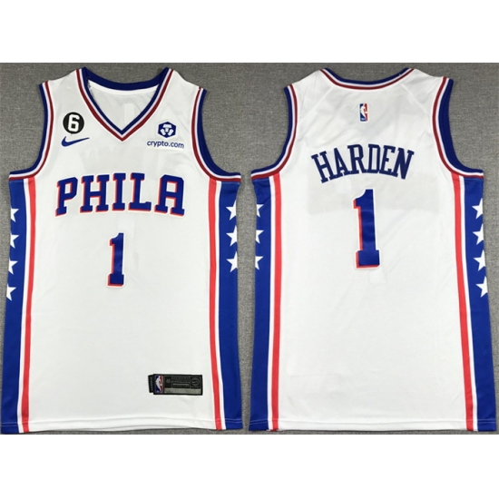 Men Philadelphia 76ers 1 James Harden White With NO 6 Patch Stitched Jersey Men Philadelphia 76ers 1 James Harden White With NO 6 Patch Stitched Jersey