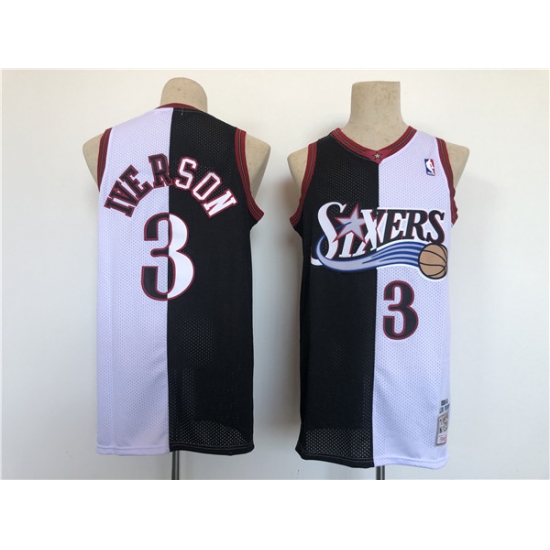 Men Philadelphia 76ers 3 Allen Iverson White Black Splite Throwback Basketball Jersey Men Philadelphia 76ers 3 Allen Iverson White Black Splite Throwback Basketball Jersey