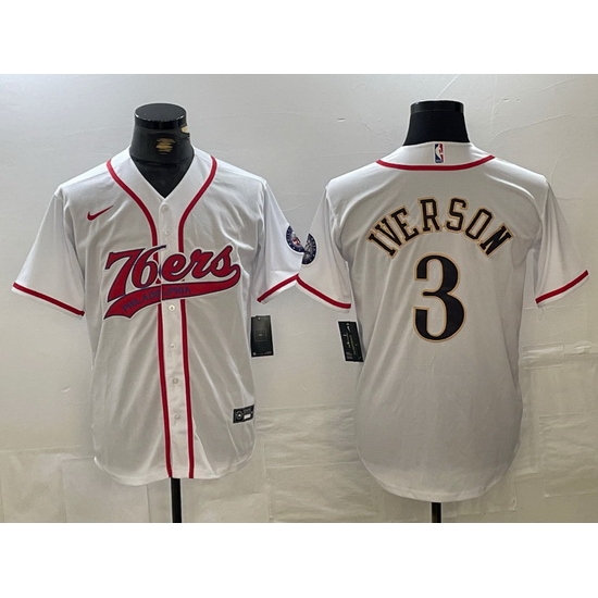 Men Philadelphia 76ers 3 Allen Iverson White Cool Base Stitched Baseball Jersey Men Philadelphia 76ers 3 Allen Iverson White Cool Base Stitched Baseball Jersey