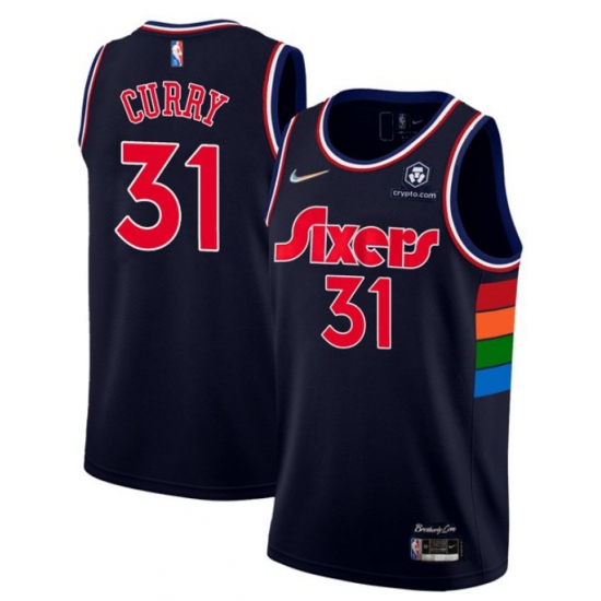 Men Philadelphia 76ers 31 Seth Curry 2021 22 City Edition Navy 75th Anniversary Stitched Swingman Jersey Men Philadelphia 76ers 31 Seth Curry 2021 22 City Edition Navy 75th Anniversary Stitched Swingman Jersey