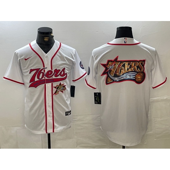 Men Philadelphia 76ers Team Big Logo White Cool Base Stitched Baseball Jersey 5 Men Philadelphia 76ers Team Big Logo White Cool Base Stitched Baseball Jersey 5