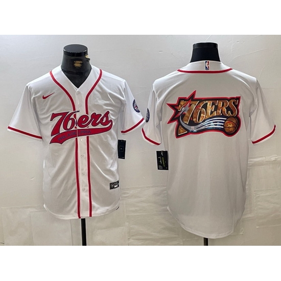 Men Philadelphia 76ers Team Big Logo White Cool Base Stitched Baseball Jersey Men Philadelphia 76ers Team Big Logo White Cool Base Stitched Baseball Jersey